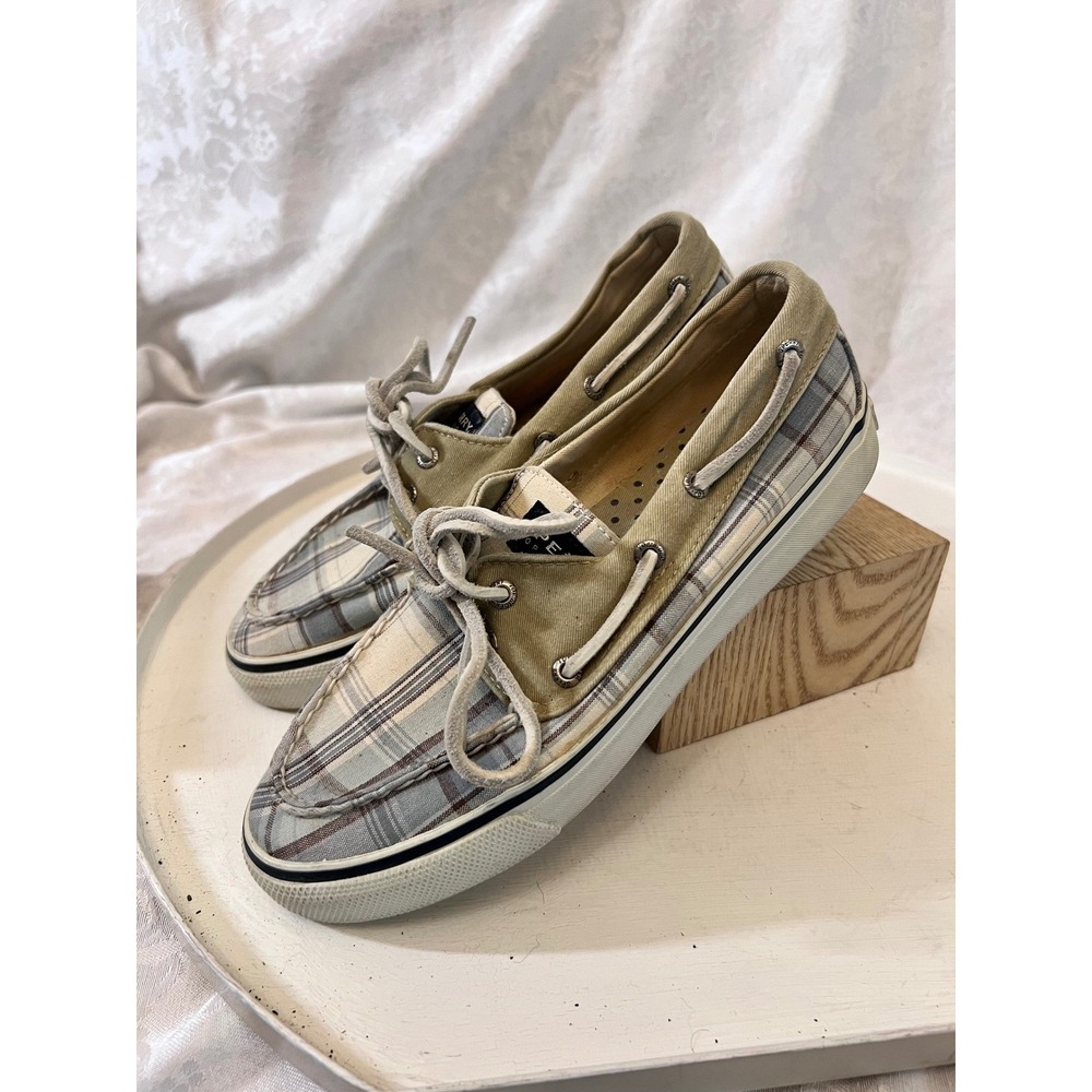Sperry Top-Sider Womens 6.5 M Plaid Canvas Boat Shoes Blue Tan 9605585 A8-CH171
